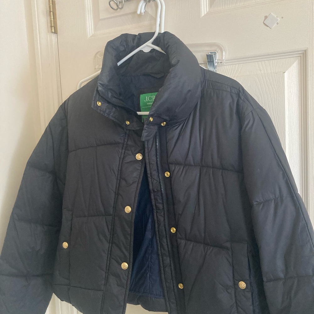 J. Crew Midnight Black Puffer Jacket with Gold Accents